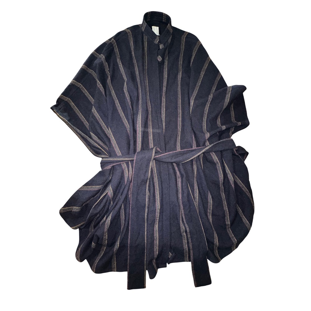 Vintage Texas Body Hangings Navy Blue Striped Wrap Belted Long Cardigan Poncho